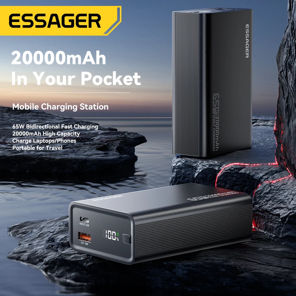 Essager Power Bank 20000mAh Portable PD 65W Fast Charging Mobile Phone External Battery Powerbank For IPhone17 16 15 Laptop Mac