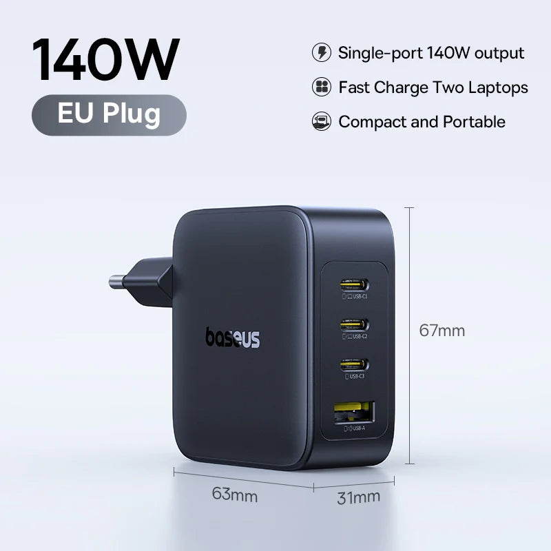 【New Sale】Baseus 140W GaN Charger PD Charger USB C Charger Fast Charge For Macbook Tablet Phone Charger For iPhone 17 16 15 14